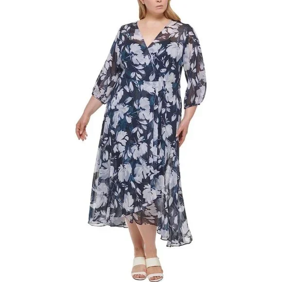 chinese dress ladies Calvin Klein Black Floral Faux Wrap LS Midi Dress  Luscious Boutique